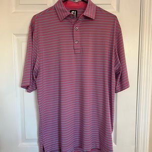 Men’s white, blue and pink striped FootJoy golf shirt, size medium